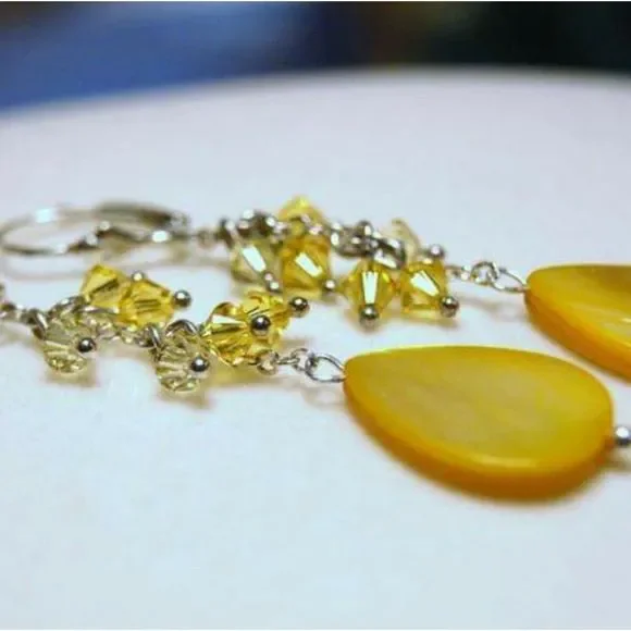 Handmade Yellow Shell & Crystal Sterling Silver Earrings - Picture 2 of 5